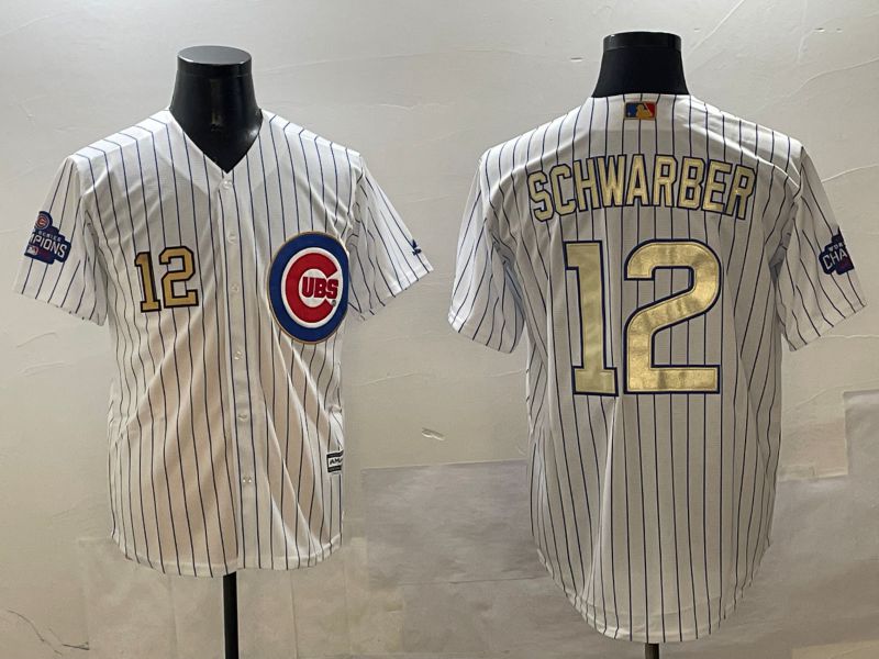Men Chicago Cubs #12 Schwarber White Stripe Gold Game 2025 Nike MLB Jersey style 6